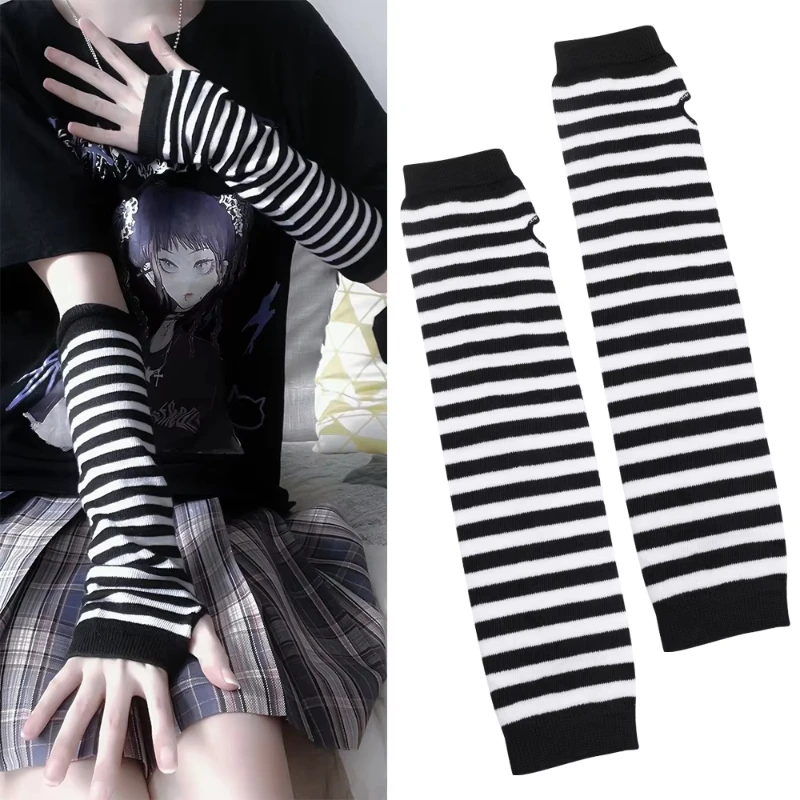 

Y2K Gothic Lolita Gloves Arm Cover Harajuku Arm Warmers Black Grey Striped Fingerless Punk Long Wristband Metallic Unisex Gloves