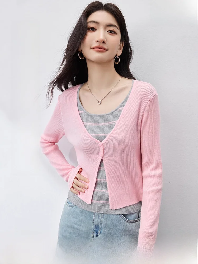 

Women's Long Sleeve Knitted Sweater round Neck Splice Soft Elastic Spring New Style Color Stripes Fashionable Top