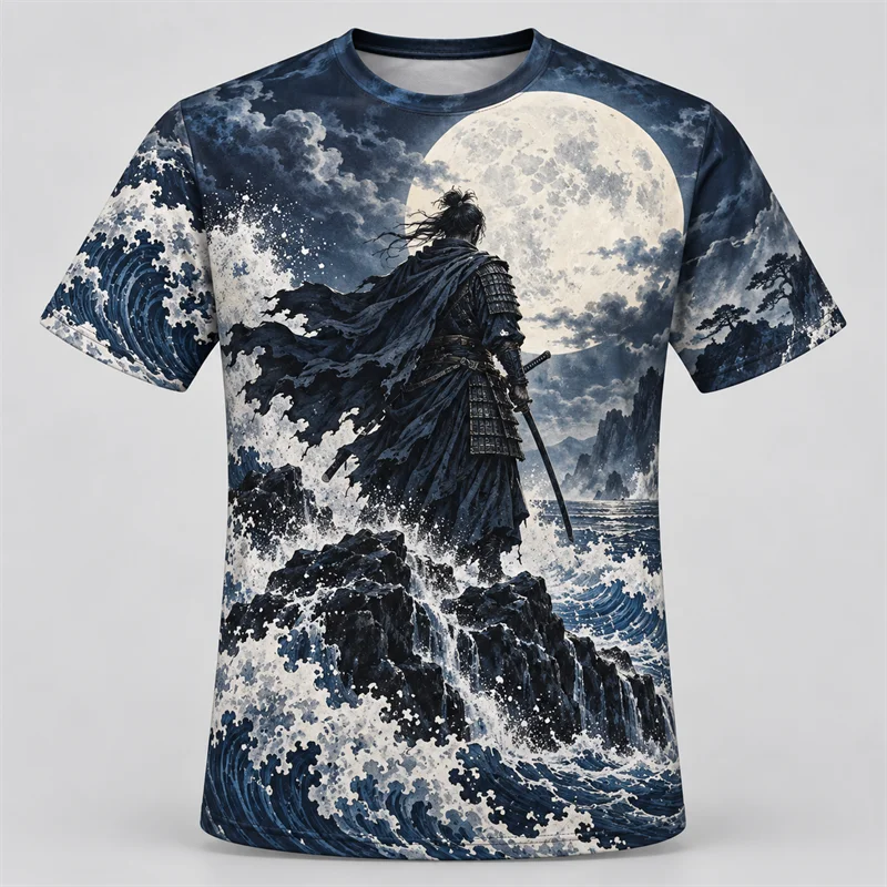 Japanese Samurai T Shirt Men Moon Wave Fire Crane Bamboo Warrior Graphic Short Sleeve Vintage Art Streetwear Casual Fashion Top