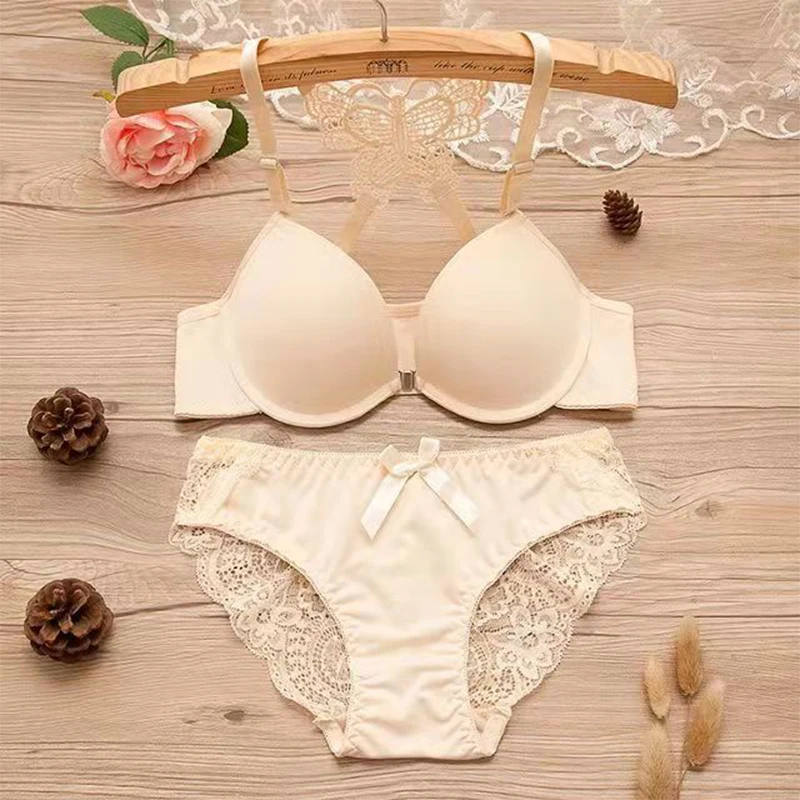 1 Piece Lace Stitching Bra Panties Front Buckle Push Up Bra Scallop Trim Panties Lingerie Set, Women\'s Lingerie Underwear