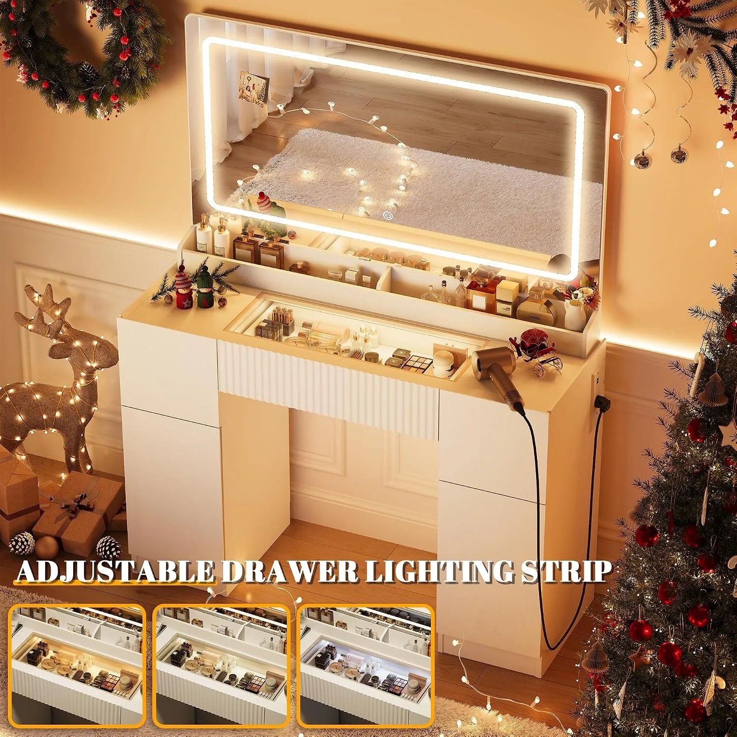 Vanity Desk with Large Mirror and Lights,Modern Glass Top Makeup Vanity Set with Power Outlet,3 Drawers and 2 Cabinet,Customized
