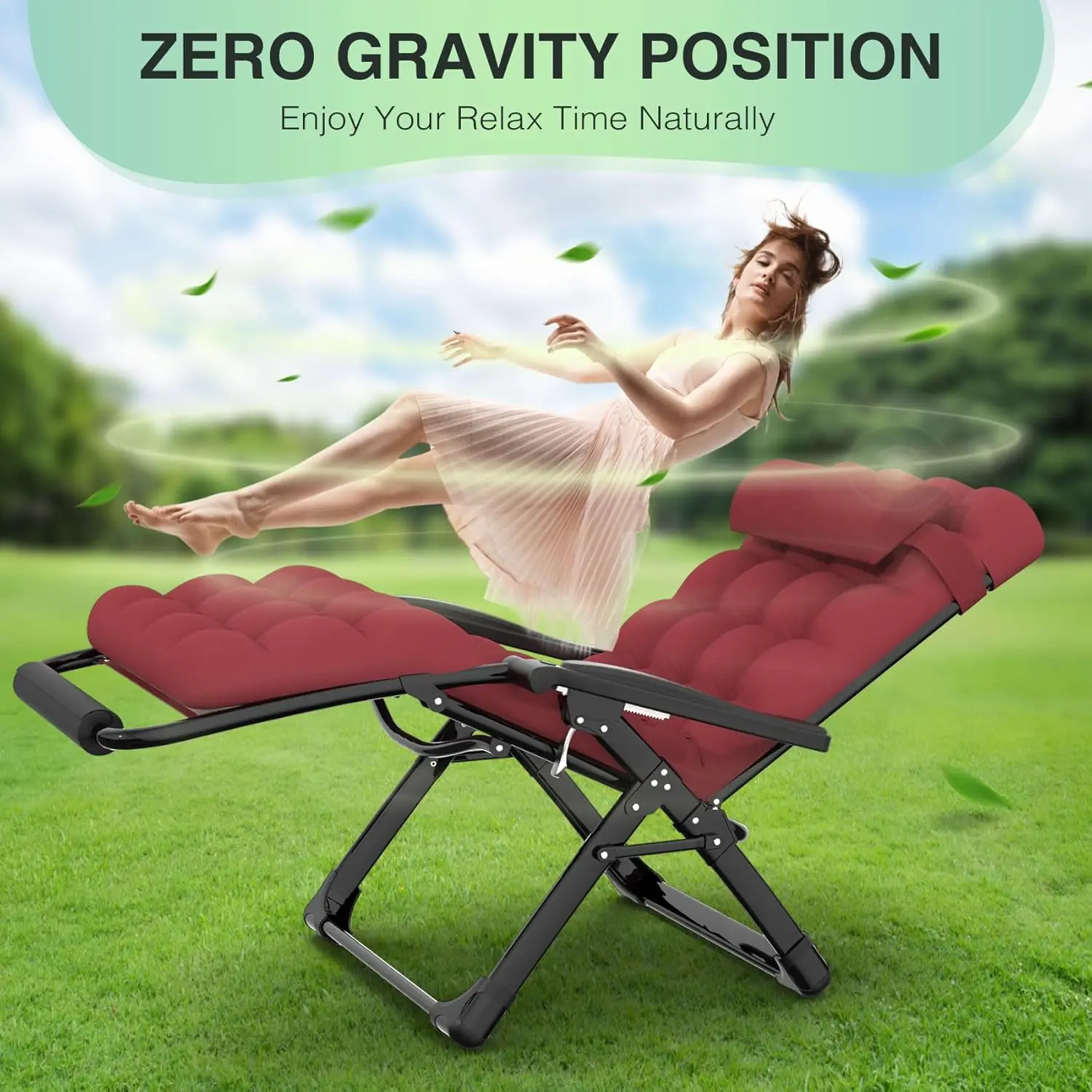 كرسي صالة كبير الحجم بدون جاذبية، كرسي صالة مقاس 29 بوصة مع وسادة ومسند للرأس قابل للإزالة، كرسي تخييم مستلق مع قفل مطور #6