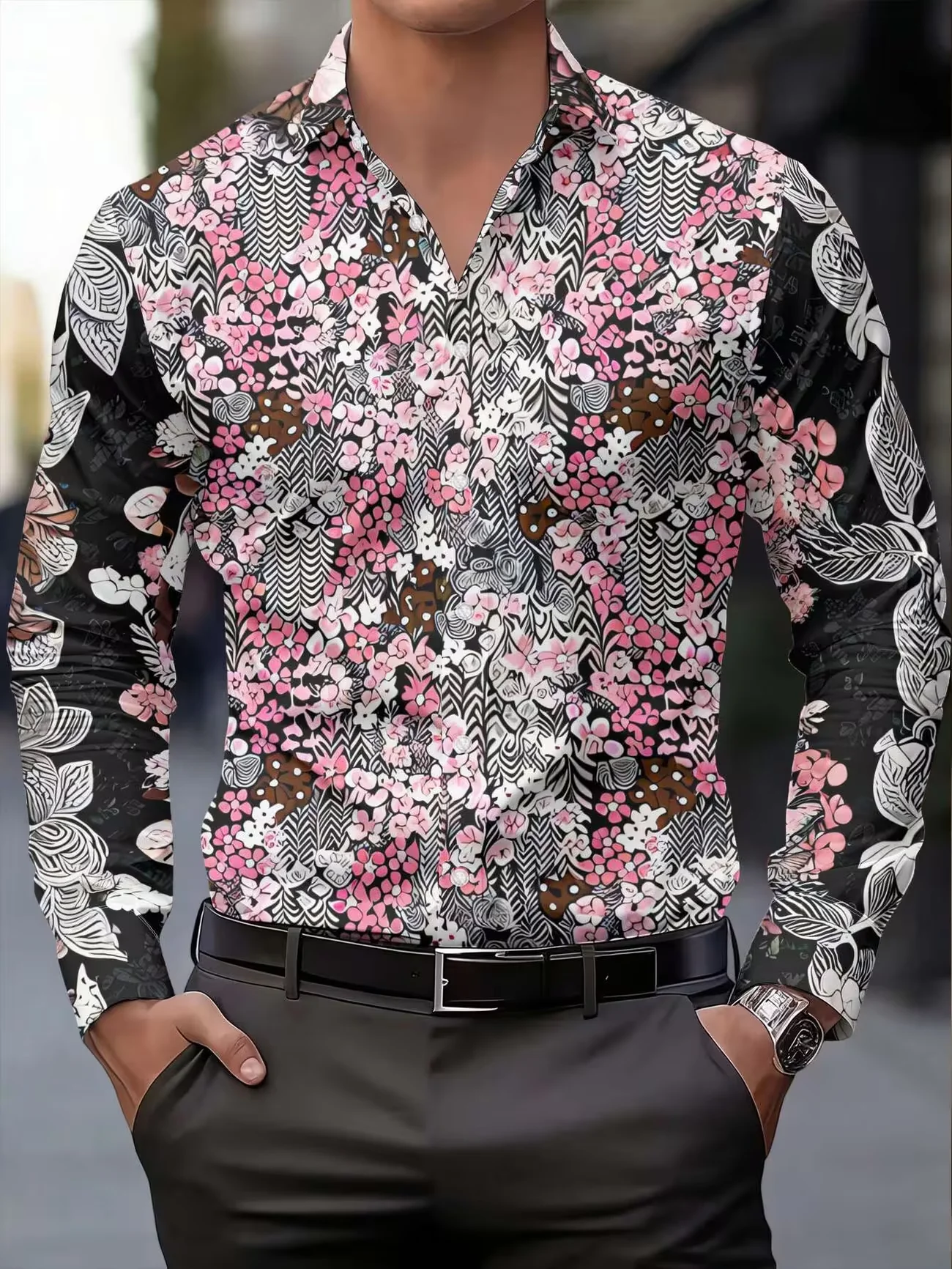 New Purple Butterfly Gradient Contrast Printed Men's Long Sleeve Shirt Fashion Trend Casual Flower Shirt