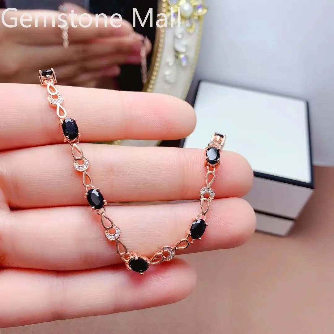 Natural Black Sapphire Bracelet for Daily Wear 7 Pieces 4mm*6mm Total 3.5ct Sapphire Silver Bracelet with 3 Layers Gold Plating