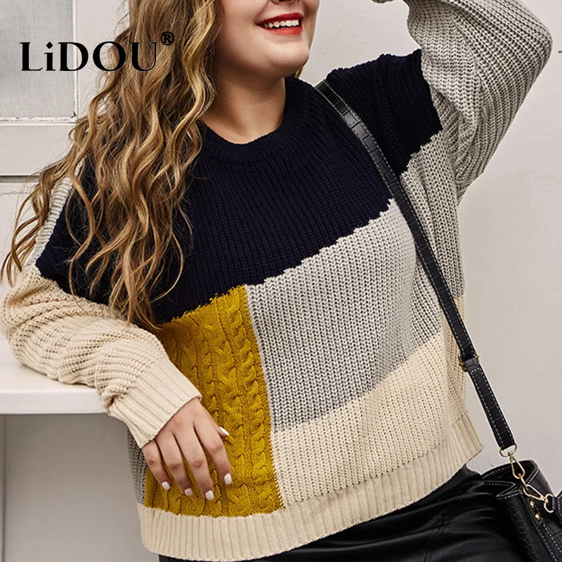 Outono inverno plus size oversized retalhos tricô camisola feminina casual solto chique pulôver moda elegante y2k jumpers