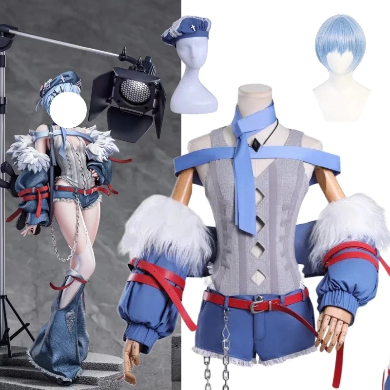 

Anime Ayanami Rei Cosplay Rock Band Costume Gray Top Blue Short Pants Sleeve Wig Full Set Y2K Style Stage Performance Outfits
