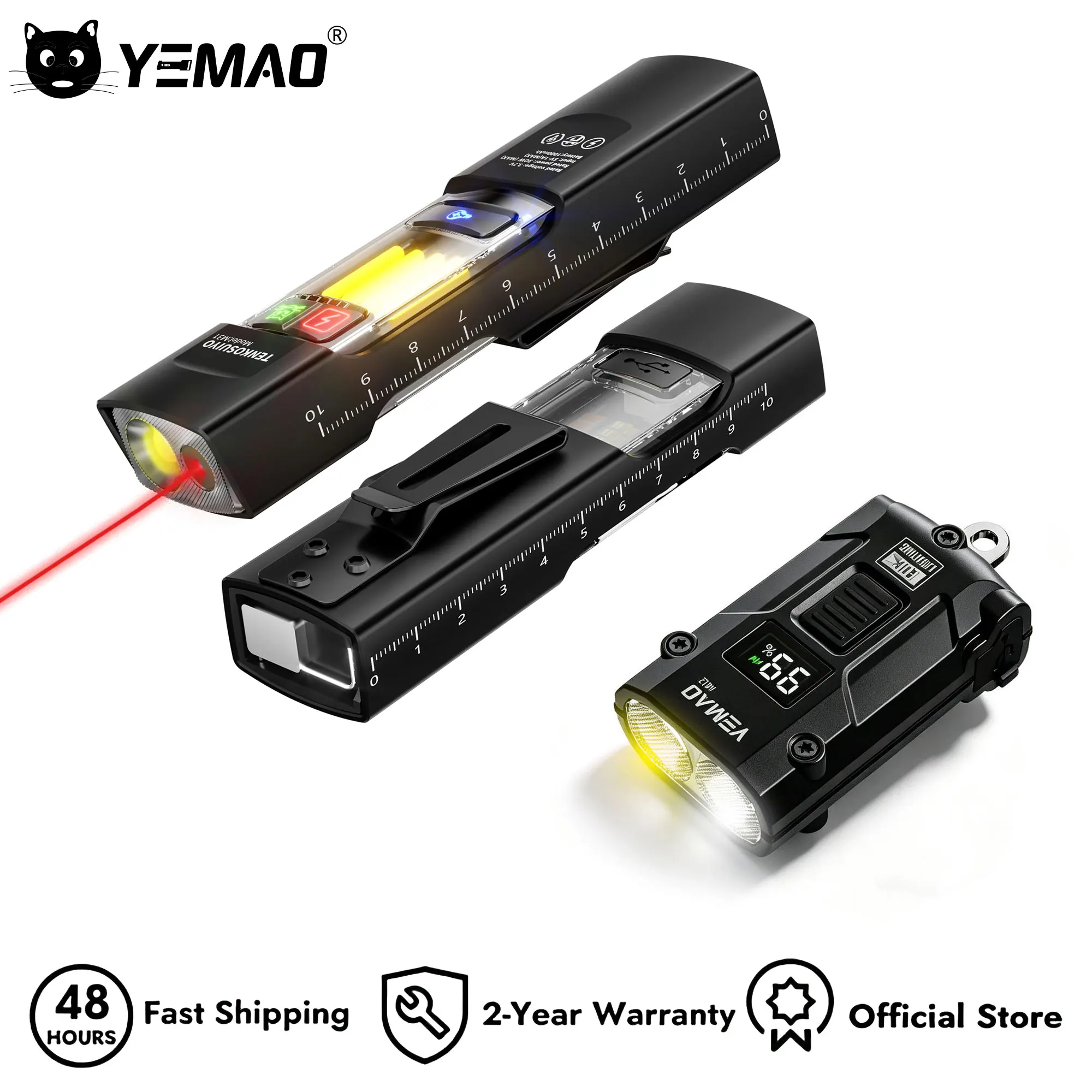 YEMAO Dual Light Source EDC flashlights LED Torch bicycle light With Clip Magnetic/Hook USB C Charging Camping, Emergency