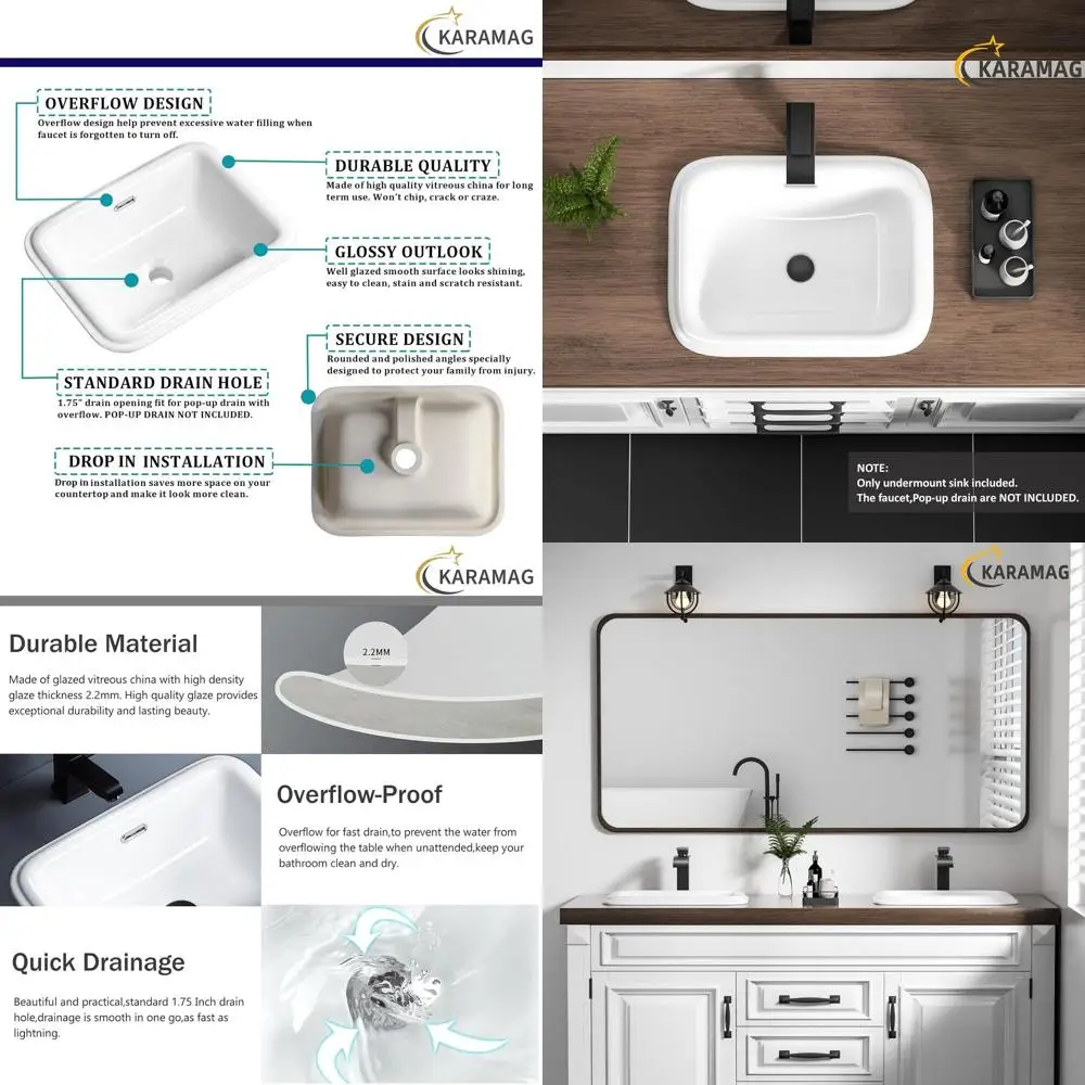 19x15 Inch Rectangular Semi-Recessed White Ceramic Drop-In Bathroom Sink with Overflow