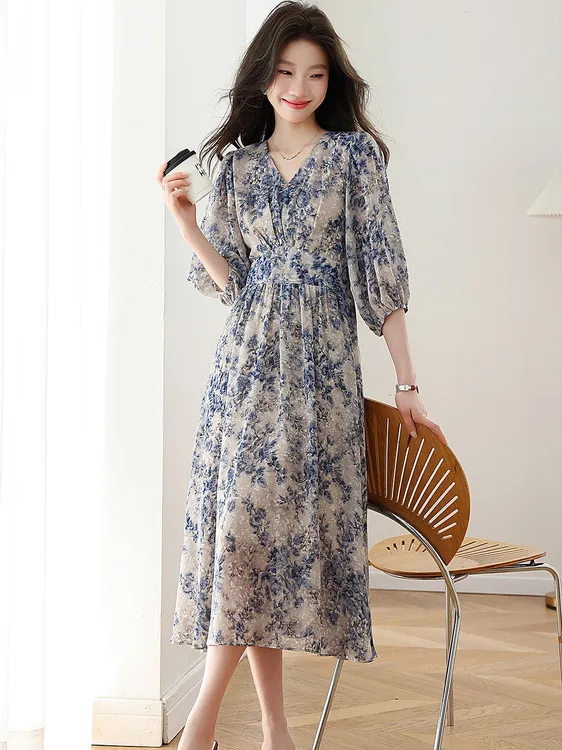 Vestido Midi Feminino TUCANO de Cintura Alta com Decote em V e Estampa em Chiffon, Novo Estilo de Verão, Efeito Emagrecedor, ...