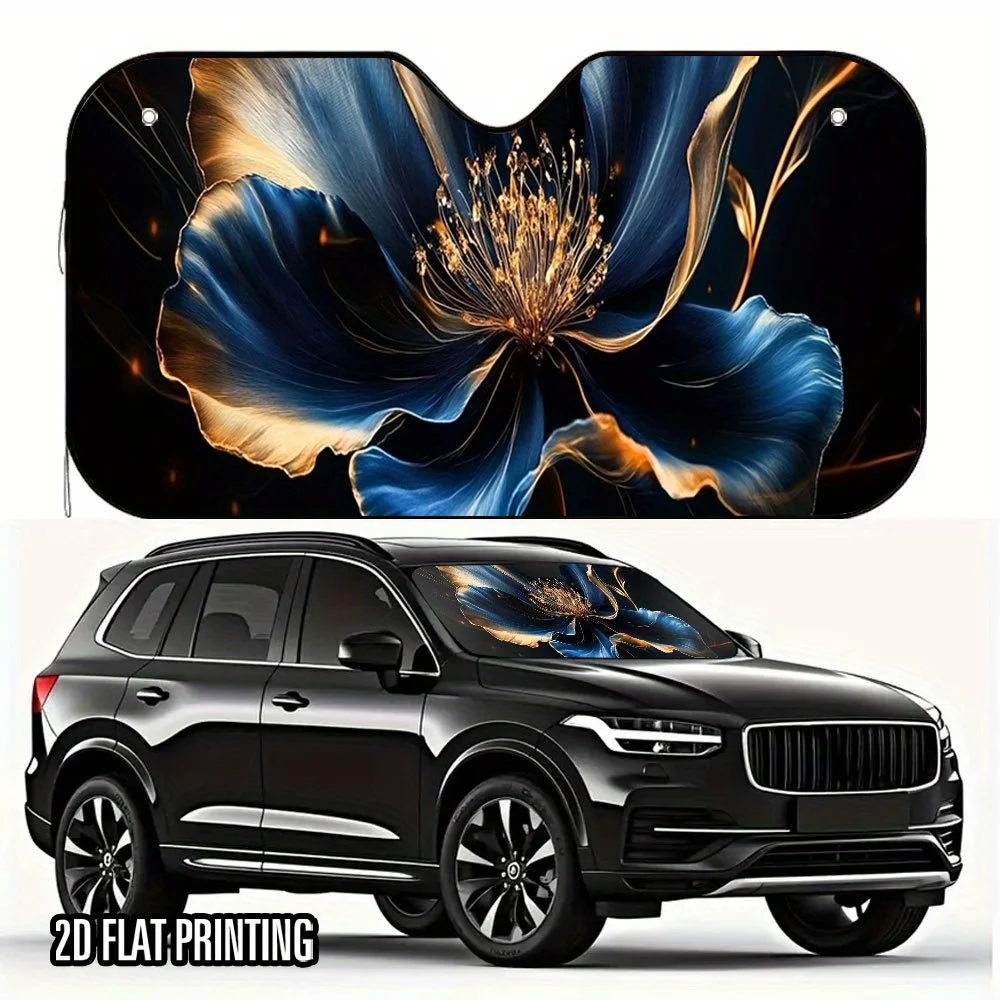 

1pc 2D Flat Blue Golden Blooms With Flowers Print Car Sunshade – Fit Windshield Sun Visor, Keeps Your Vehicle Cool And Stylish,