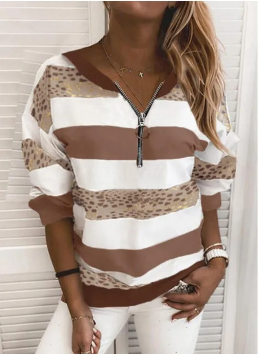 2024 Hot Selling Autumn/Winter V-neck College Style Casual Stripe Print Pullover Loose Zipper Sweater