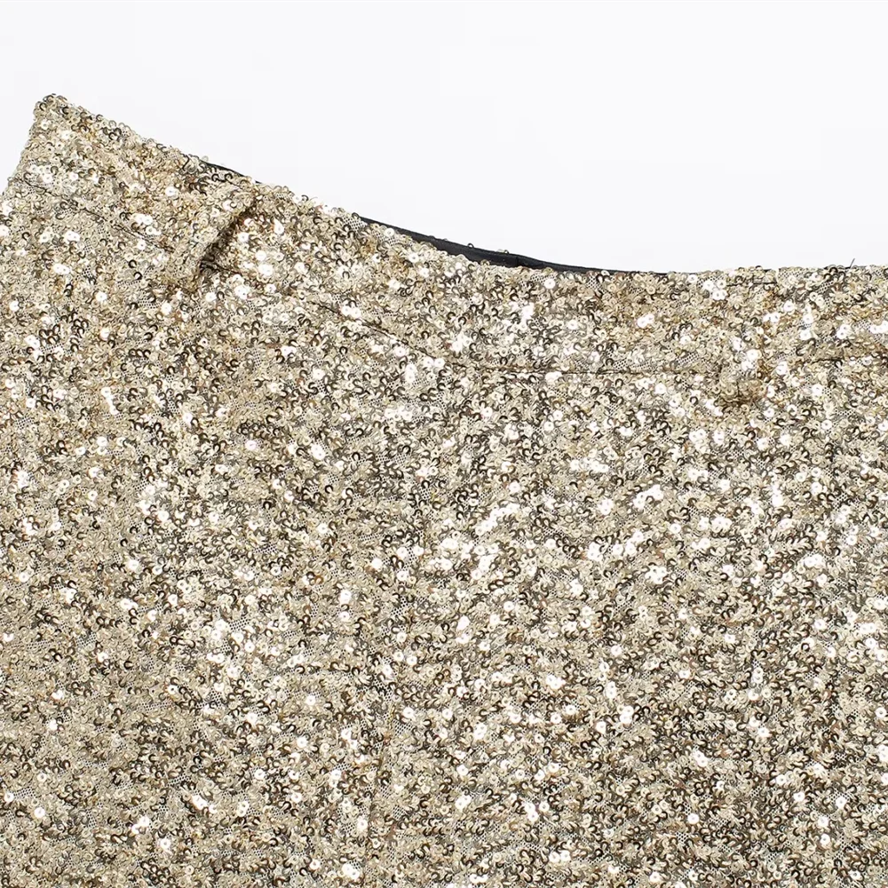 Taop&Za  women's 2024 winter pearl embellishment mid waist casual gold sequin A-line wide leg shorts
