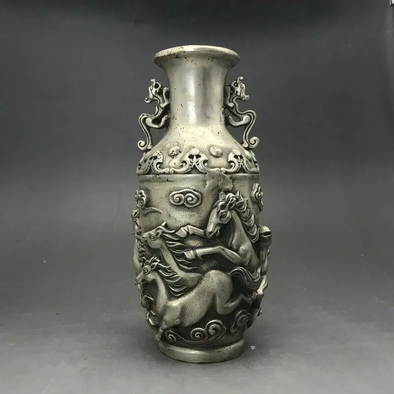 Collection Chinese Tibet Silver Copper Flower Bottle Vase Carving Horse Daming Xuande Mark