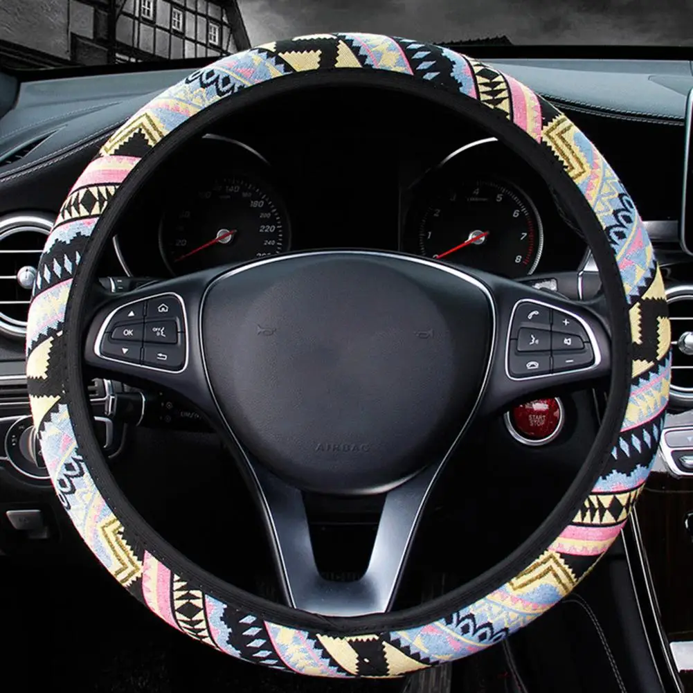 Ethnic Flax Car Steering Wheel Cover Wrap For 37-39 CM 14.5