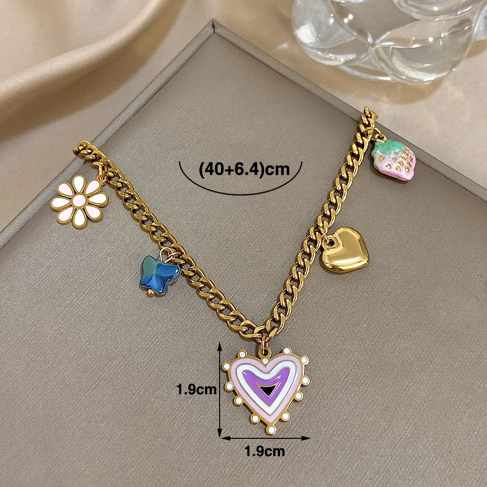 Freetry Trendy Stainless Steel Choker Necklace for Women Colored Love Flower Butterfly Strawberry Pendant Necklace Neck Jewelry