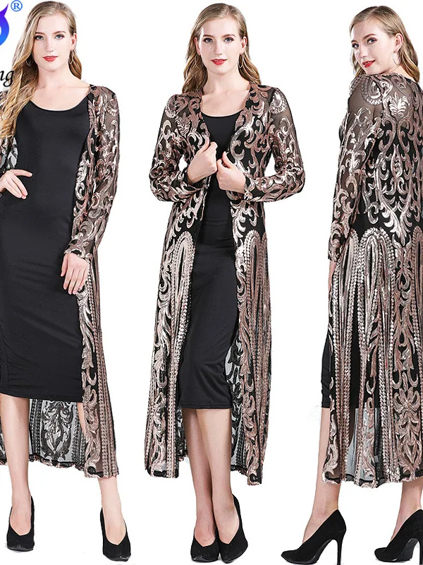 Large Sequin Cardigan With Sequin Long Jacket For Party Performance, Mesh Shawl, And Transparent Long Skirt