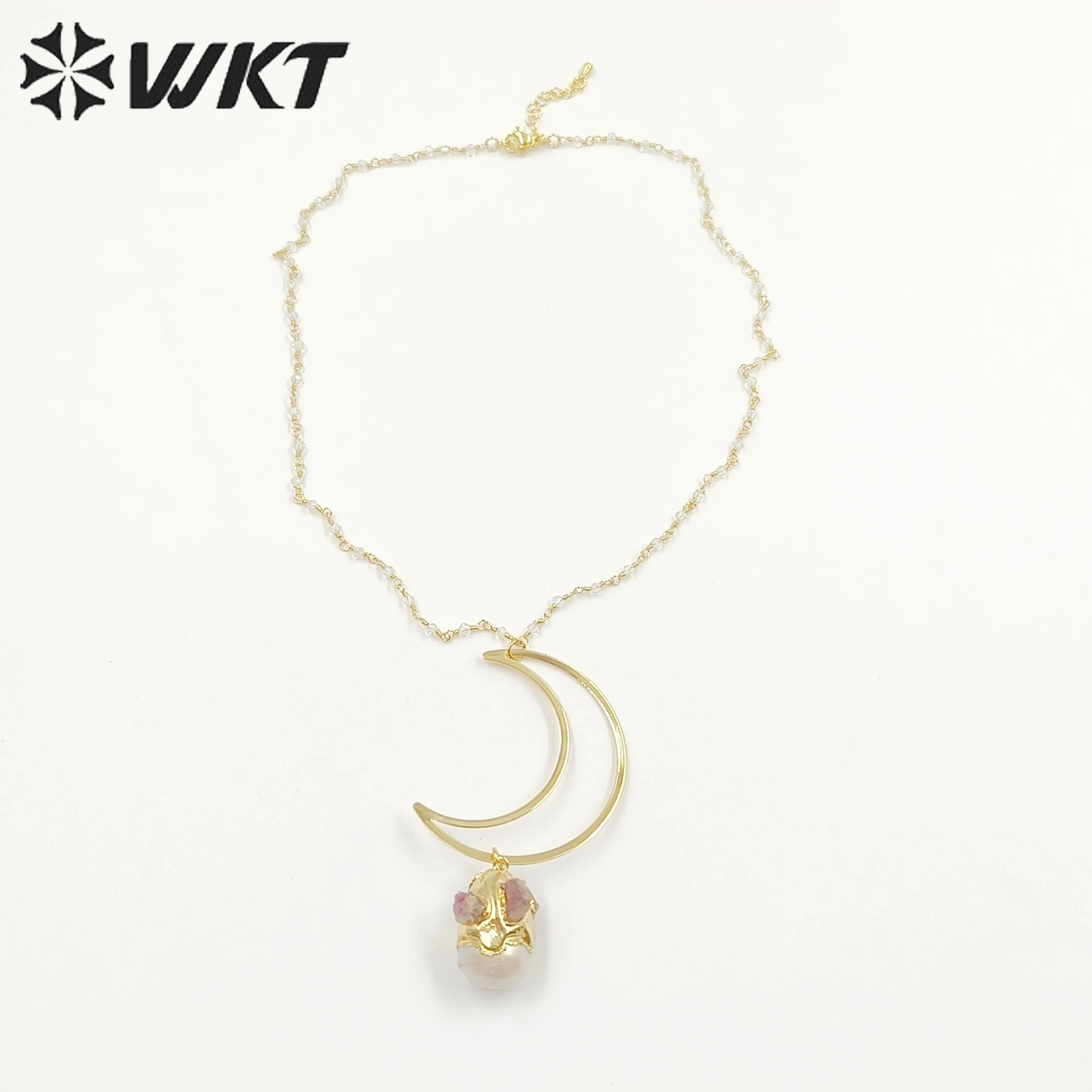 WT-JN244  WKT 2023 Moon Shape Style Baroque Pearl&Tourmaline Women Gold Plated Chain Necklace Wedding Gift Jewelry Hot