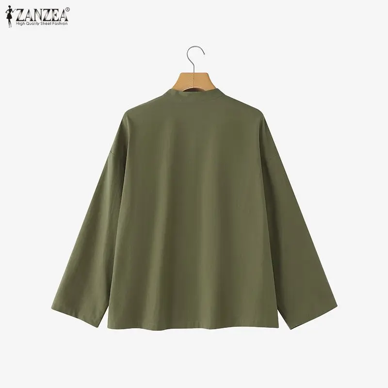 ZANZEA レディース ヴィンテージ コットン リネン ブラウス 春 長袖 マンダリンカラー ハーフボタン ソリッドカラー トップス 日常 カジュアルウェア