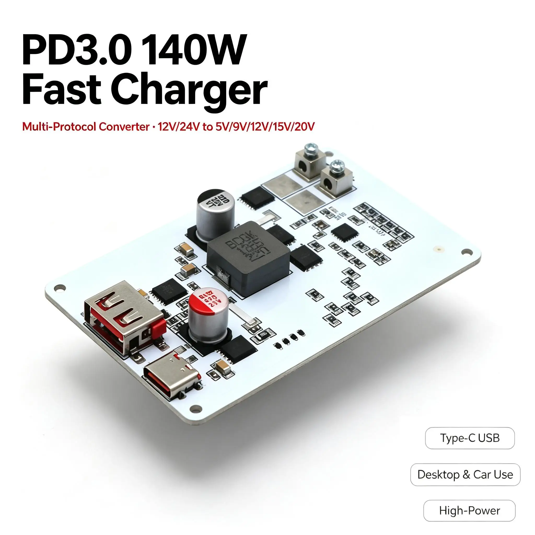 PD3.0 140W Fast Charging Converter Desktop Car Charger High-power TYPE-C USB Charger Multi Protocol 12V 24V TO 5V 9V 12V 15V 20V