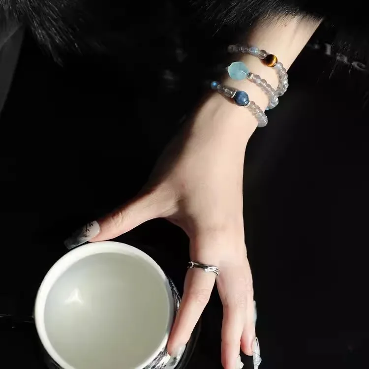 Jishengji متعدد دائرة سوار عين النمر حجر الملحقات الأزرق الداكن مجوهرات هدايا أنثى Moonstone كريستال أساور محظوظ Ha