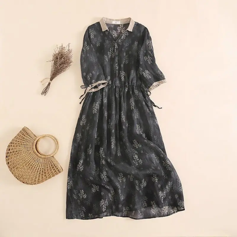 

Cotton Linen Dress Women Fashion Floral V-neck Shirt Dresses Casual Loose Short Sleeve Dress Summer Trend Thin Vintage Dresses