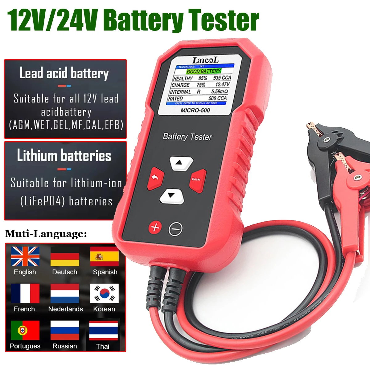 Lancol Micro 500 12V Car Battery Tester 40-3000 CCA Lithium Battery Test Lead Acid Auto Car Battery Analyzer