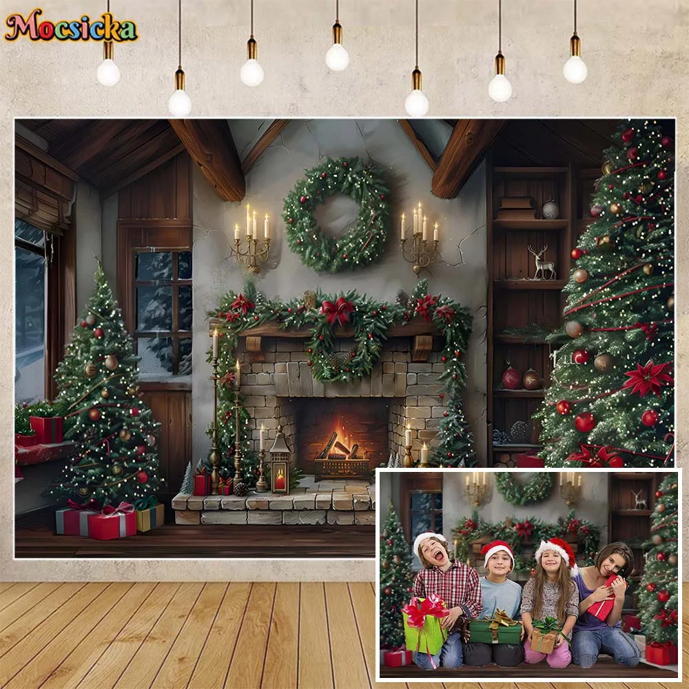 

Mocsicka Christmas Backdrop Wooden House Xmas Decoration Fireplace Wreath Xmas Tree Family Portrait Photography Background Props