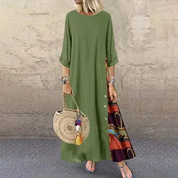 Pamuk keten Vintage uzun elbiseler kadın üç çeyrek kollu ekleme baskı gevşek evaze elbise moda Casual Lady Maxi Vestido