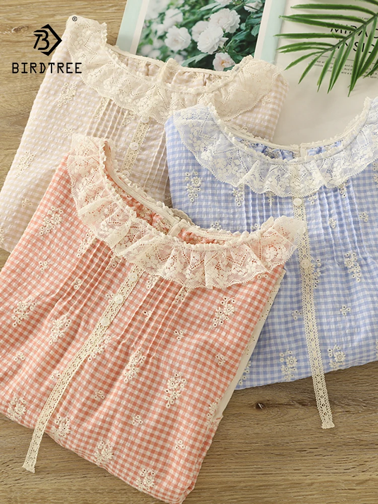 

New 2025 Summer Cotton Puff Sleeve Shirt, Women O Neck Plaid Embroidery Lace, Mori Girl Sweet Preppy Style Loose Blouse T56818CC