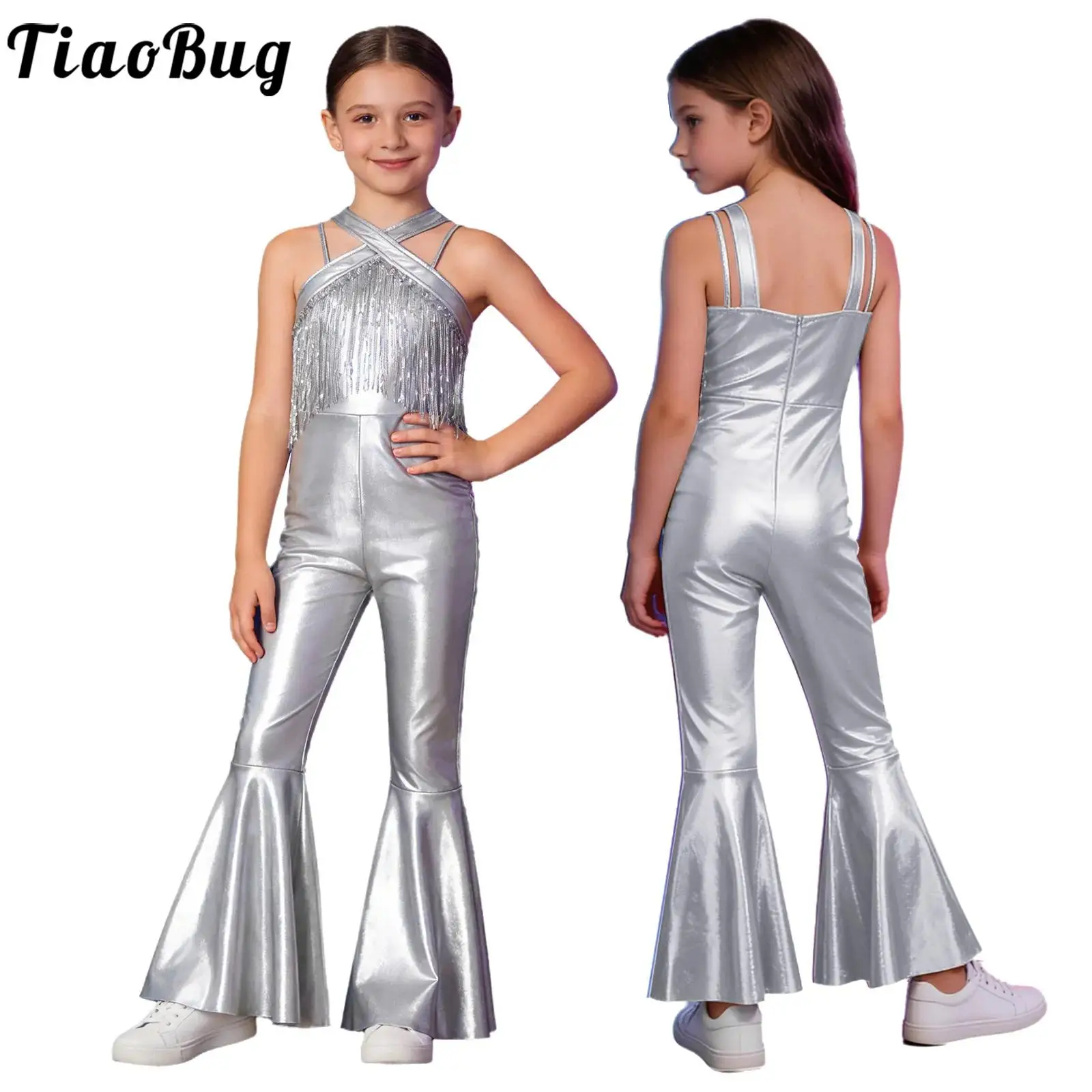 

Kids Girls Shiny 70s Disco Prom Party Flare Jumpsuit Jazz Ballroom Costume Tassels Sequin Sleeveless Zipper Leotards Romper