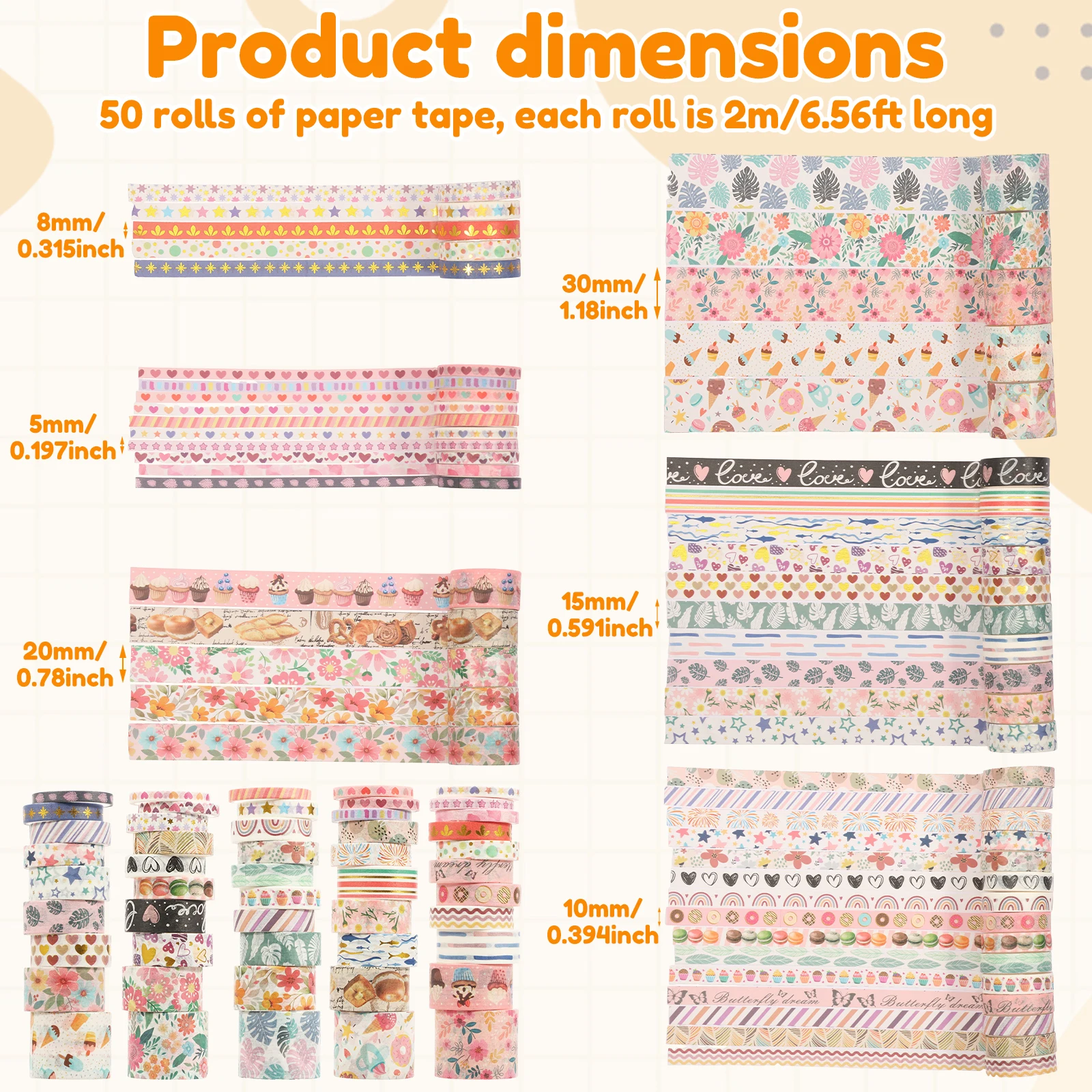 50/10 Rolls Washi Tape Set 5/8/10/15/20/30mm Decor Tape Multi Pattern for Greeting Card Journaling Scrapbooking Adhesive Tapes