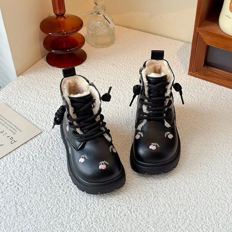 أحذية الشتاء للأطفال لفتاة جديدة حلوة مطرزة الصغار الأميرة حذاء من الجلد لحفلات الزفاف الاطفال أحذية قطيفة الموضة #6