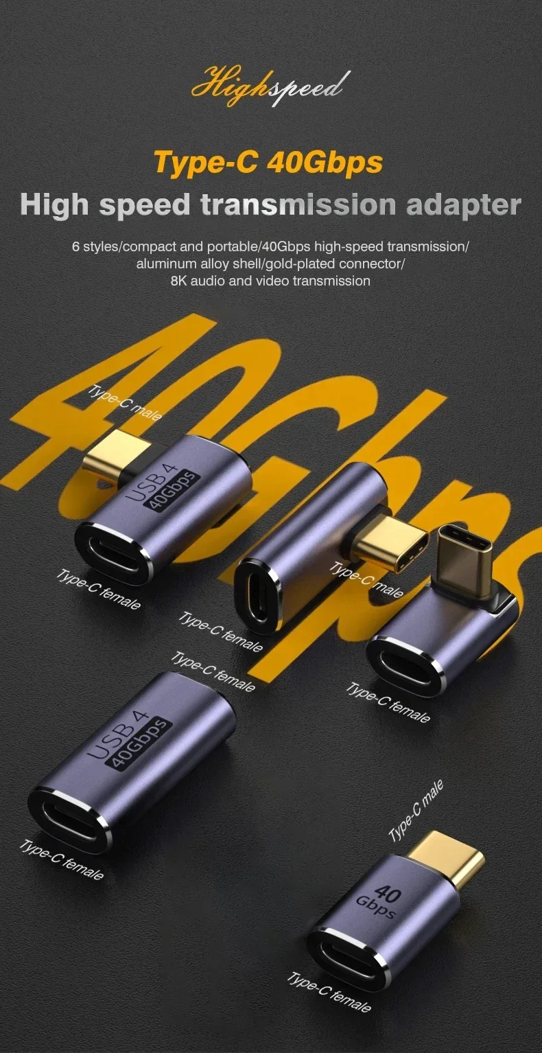 USB C Converter Thunderbolt Type C Adapter USB 4.0 Female to Male Right Angle Elbow USBC Earphone Audio Data Charge Extender