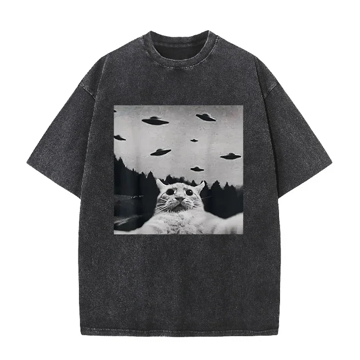 Image of Danqi Yoyo Herren Vintage Washed UFO Katzen-Grafik T-Shirt Streetwear Übergroßes Baumwoll-Tee Lässiges Hip-Hop-Oberteil Kurzarm-T-Shirt