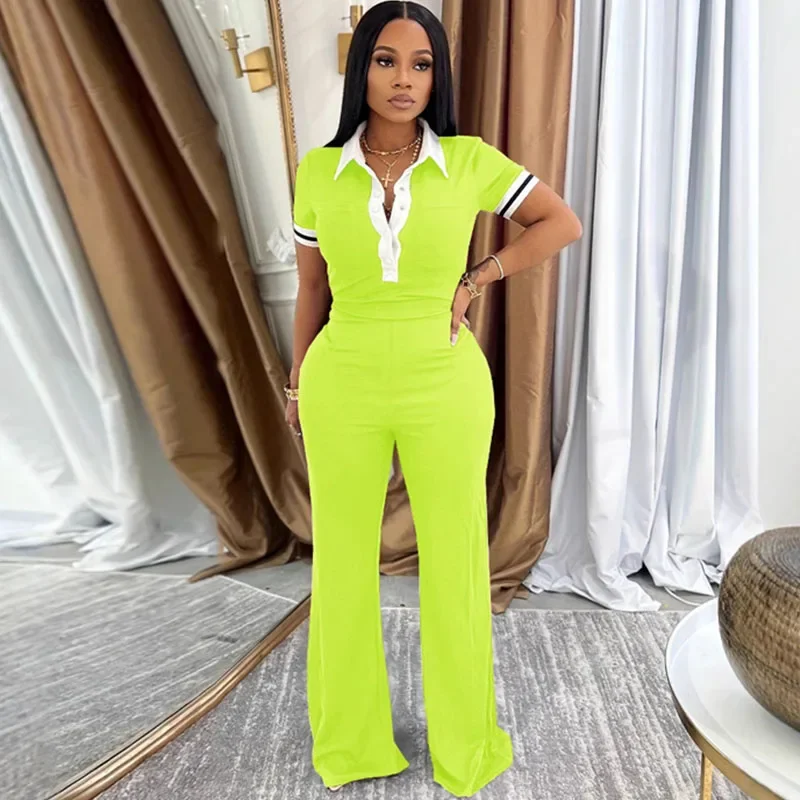 Striped Casual Tracksuits Set Woman 2 Piece Set Outfit Activewear Turn-down Collar Polo Shirt Top and Wide Leg Pant Sport Suit
