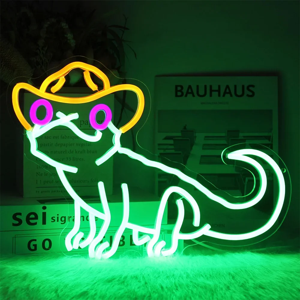 Cowboy Green Iguana Neon Sign Lizard Neon Lights Reptile with Cowboy Hat LED Signs for Kids Bedroom Game Birthday Party Decor