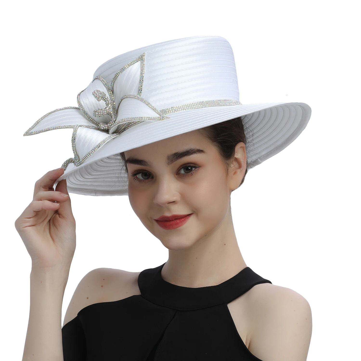 Flower Satin Cloth Rhinestone Church Hat Photography Top Hat Fashion Female Banquet Fascinator Wedding Formal Hat Women Ladies