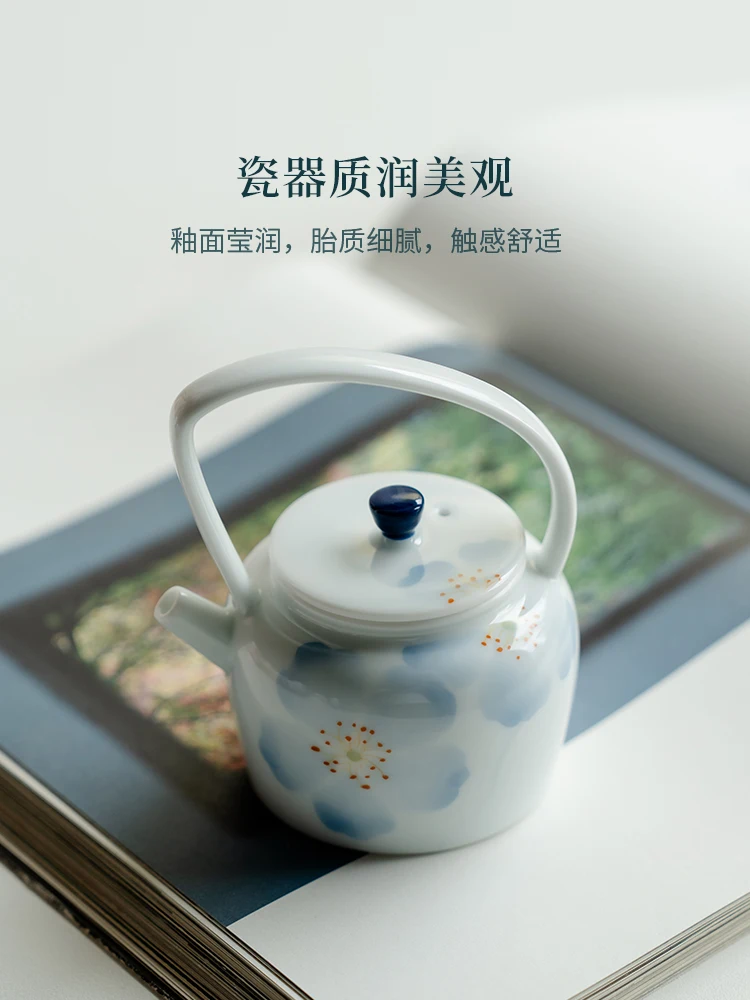 Loop-Handled Teapot High-End Creative Pure Hand Drawing Blue Track Begonia Ceramic with Filter Set