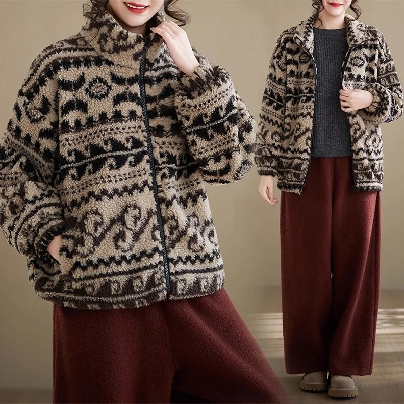 

Printed Plush Jacket Women Warm Autumn And Winter Vintage Large Loose Zipper Long Sleeve Coat Thick Top Loose Edition w1535