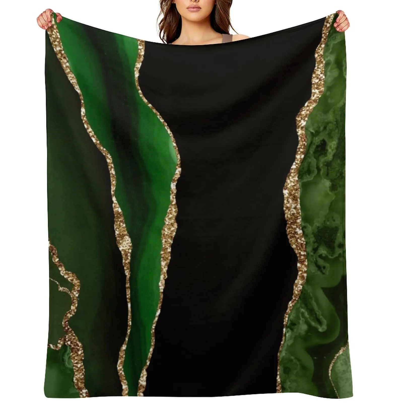 Abstract Emerald Green & Gold Modern Geode Agate Design Throw Blanket Bed Fashionable Large funny gift warm winter Bed Blankets