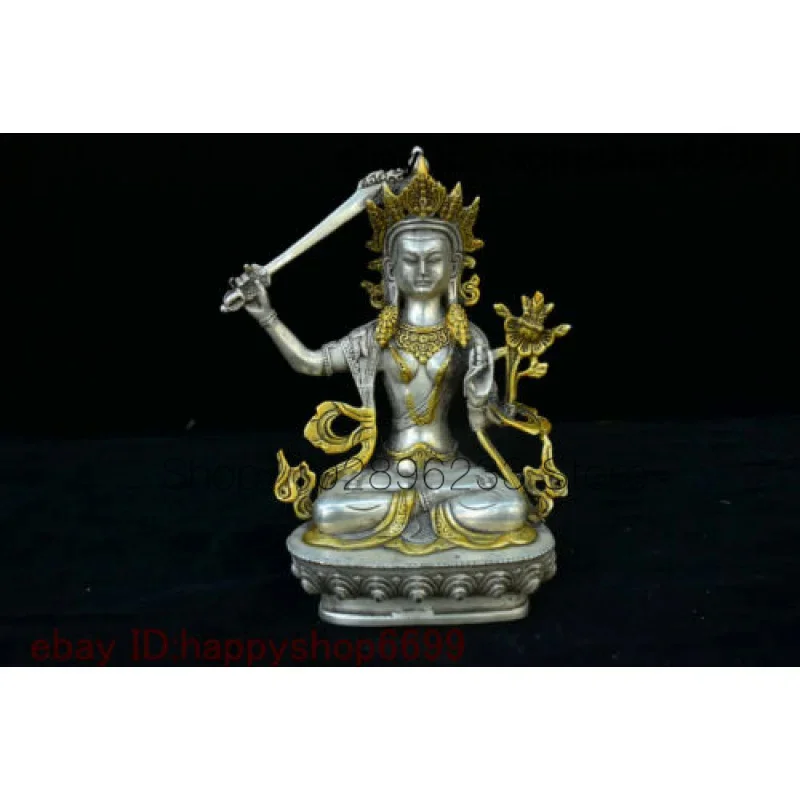 Old Tibet Collect Buddhism Silver Gilt Wenshu Manjushri Kwan-yin Buddha Statue