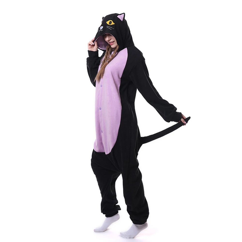 Schwarze Katze Tier Kigurumi Cosplay Kleidung erwachsene Frauen lustiges Kostüm einteilige Pyjamas lose Flanell Plüsch Overall Schlaf kleidung