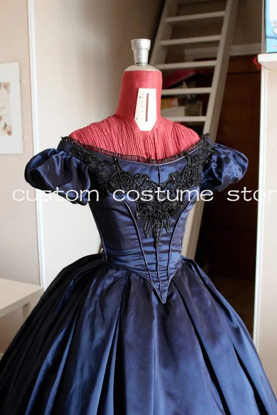 Navy Blue Empire Victorian Prom Dresses Puffy Off Shoulder Corset Bustle Applique Cosplay Costume Evening Gown Civil War