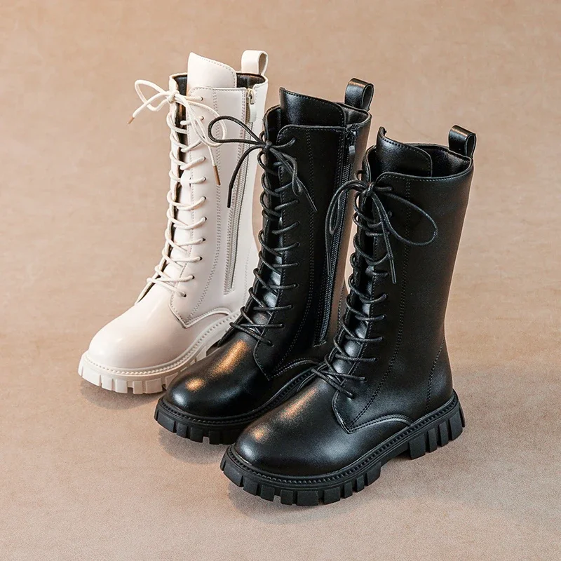 

Girls High Boots Black Narrow Band Solid Beige Kids Catwalk Shoes Spring Autumn Children Sweet Princess Mid-calf Boots Leather