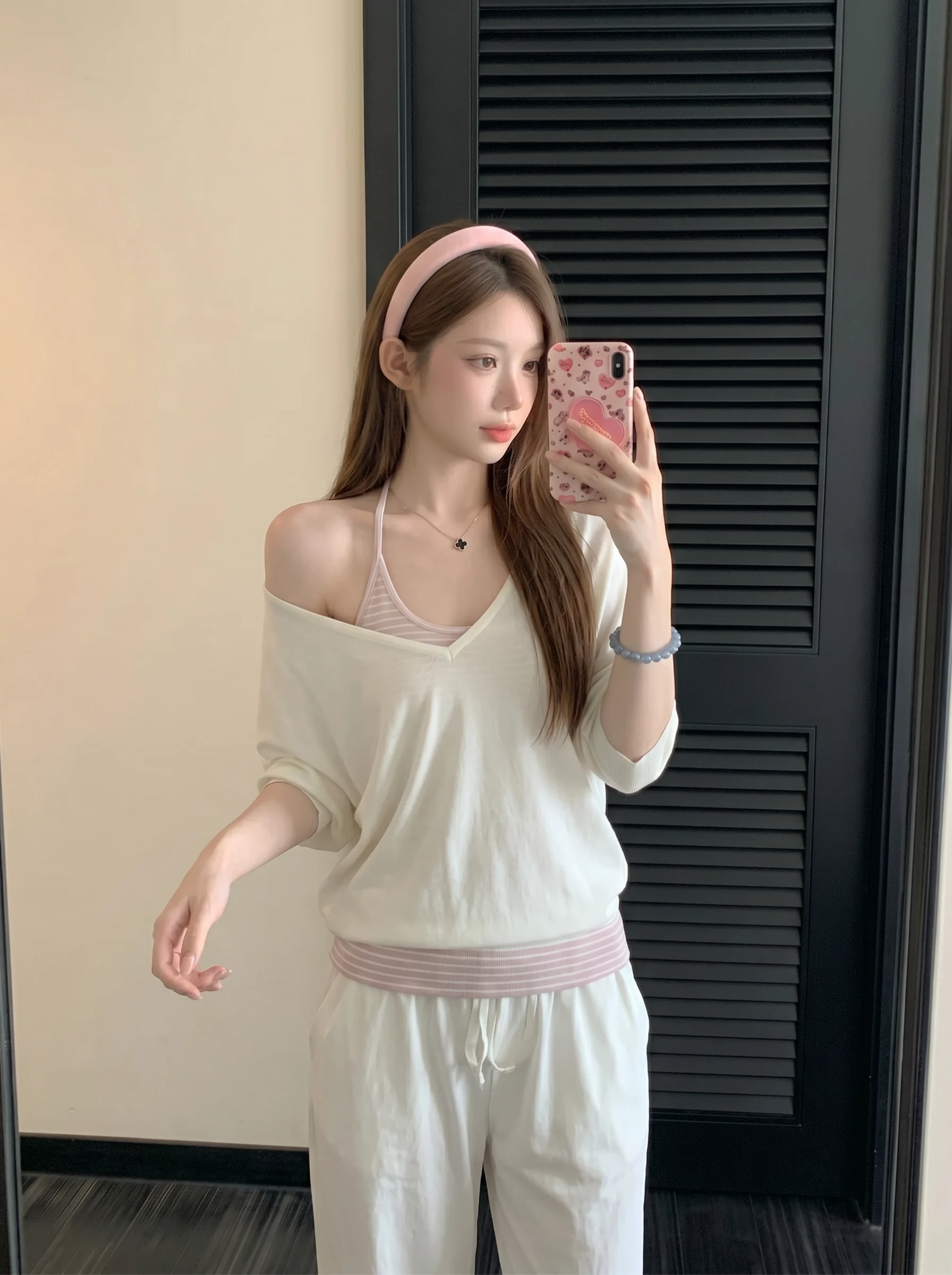 

Loose Casual Korean Style V-Neck Vest T-Shirt Women Summer New Fashion Striped Inner Wear Top Five-Quarter Sleeve High Waist