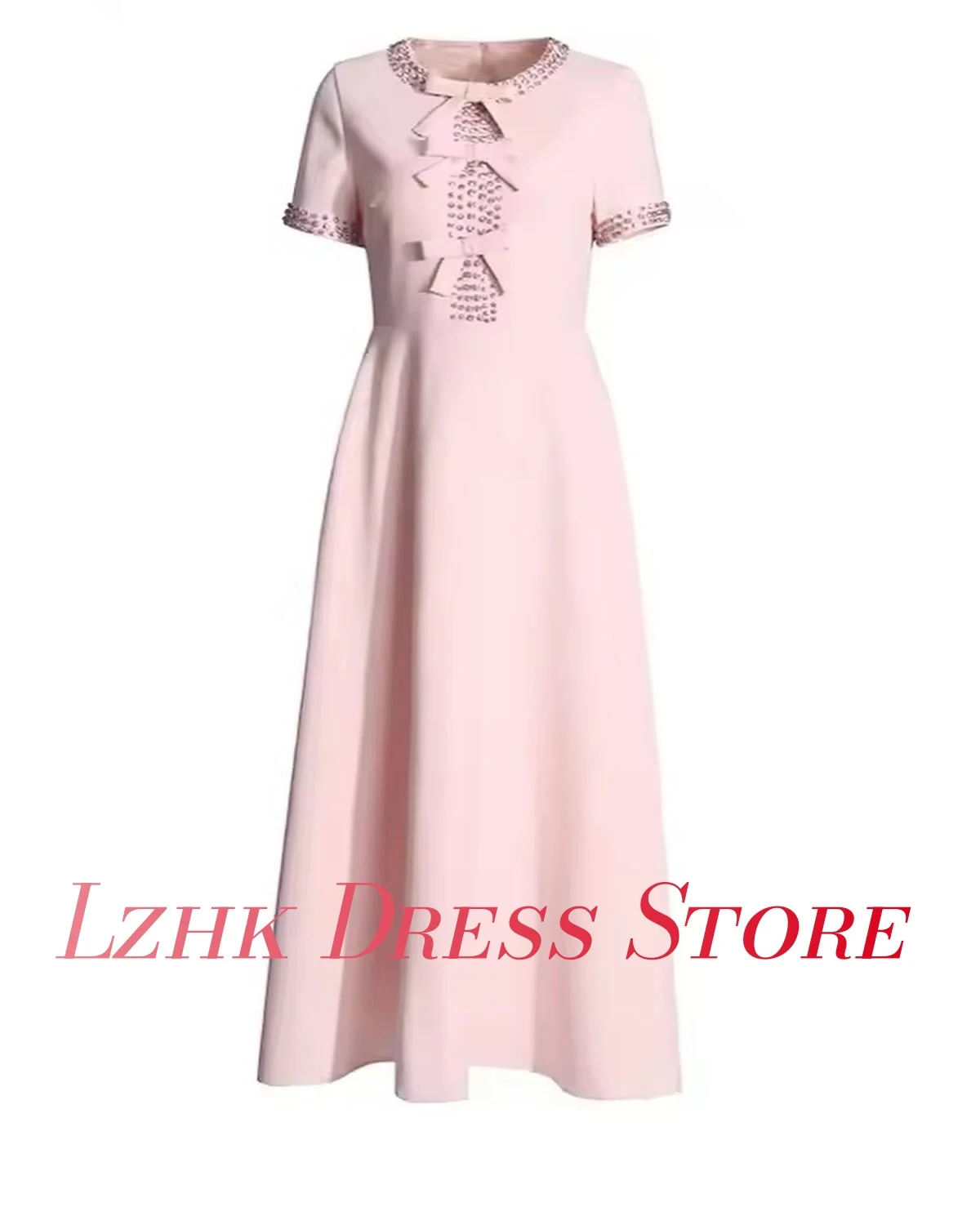 Personalizado de luxo cristal 3d arco jérsei a linha vestido de noite temperamento mangas curtas o pescoço chá comprimento vestidos de celebridades