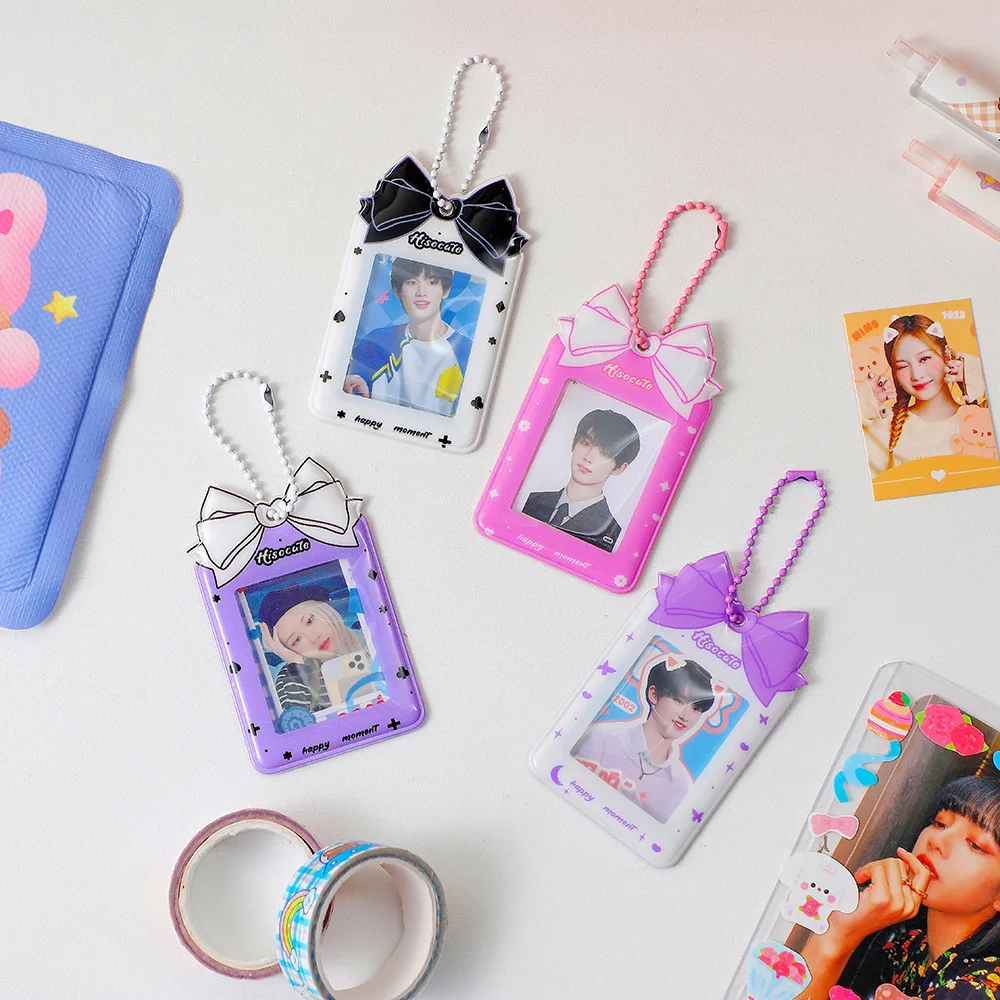 INS Cartoon Bowknot Photocard Holder 2 inch Photo Protector Case Student Keychain Bag Pendant Korean Idol Small Card Sleeves