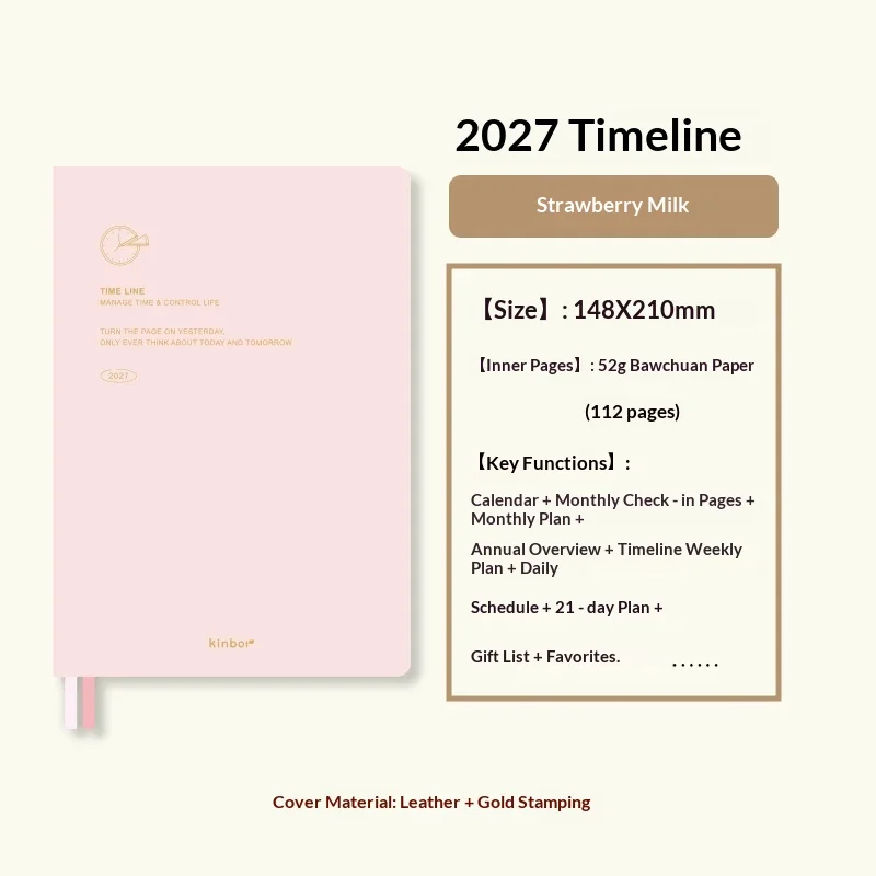 NEU 2027 Kinbor A5 Zeitleisten-Planer Notizbuch, 52g Bachuan-Papier, reine Farbe, eine Woche, 2 Seiten, effizientes Terminplaner-Buch, minimalistisches Design