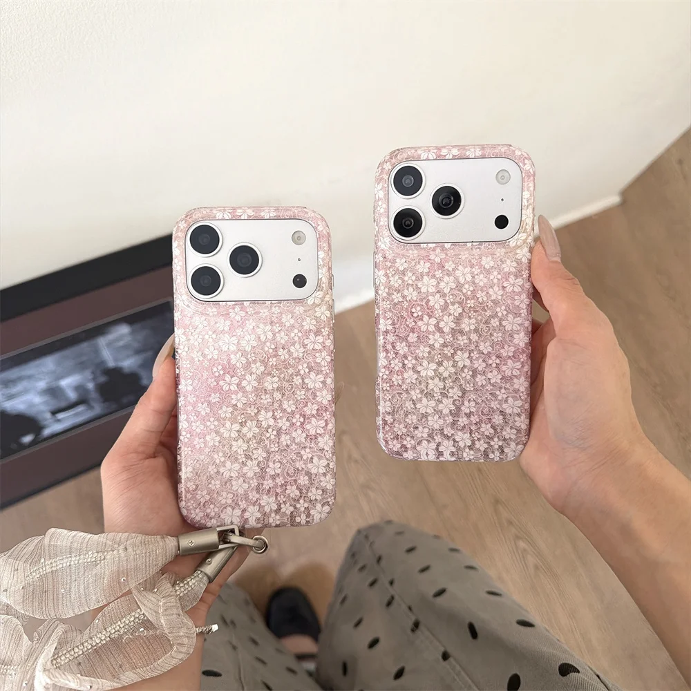 Korea Kawaii Pink Glitter Flower Phone Case For iPhone 18 Pro Max 18 Pro 17 16 15 Cute Floral With Beaded Strap Soft TPU Cover