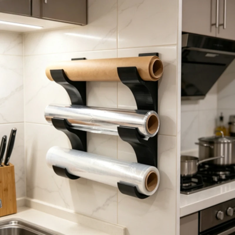 Three Layer Wall Mount Plastic Wrap & Oil Paper Storage Rack, Multi Roll Holder Fit Kitchen Cabinet Door, Baking Studio Catering